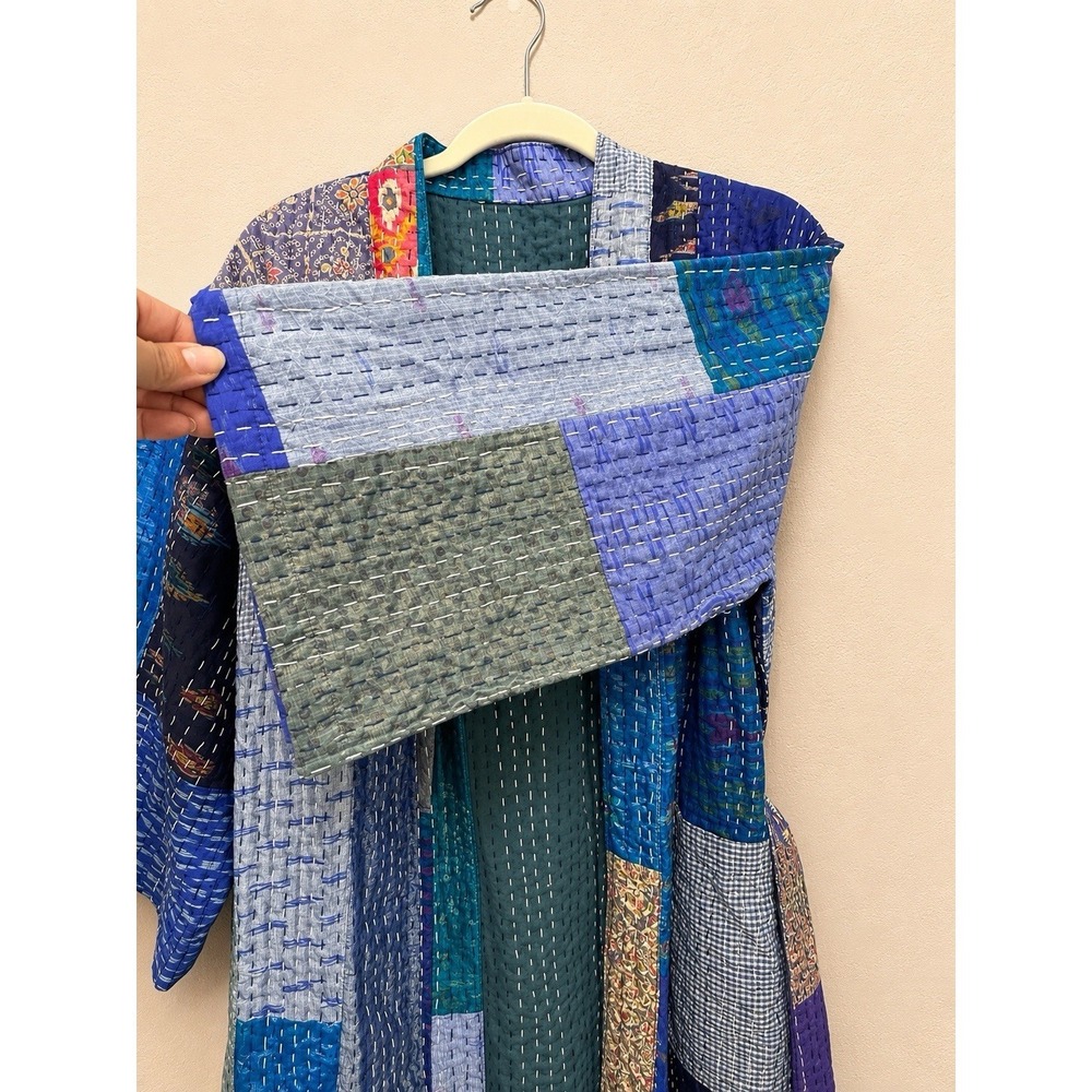 Vintage Silk Kantha Patchwork Robe Handmade Quilted Kimono Belted One Size - Picture 8 of 10